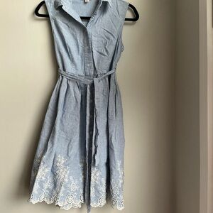 Blue Striped Shirt Dress w/ Belt Lace Hem Cottagecore Button Front Petite 4